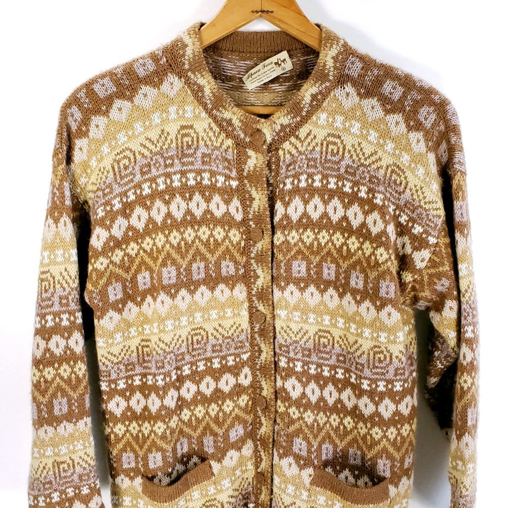 Vintage Peruvian Cardigan Sweater Women's Med Multicolor Fair Isle Alpaca Fina
